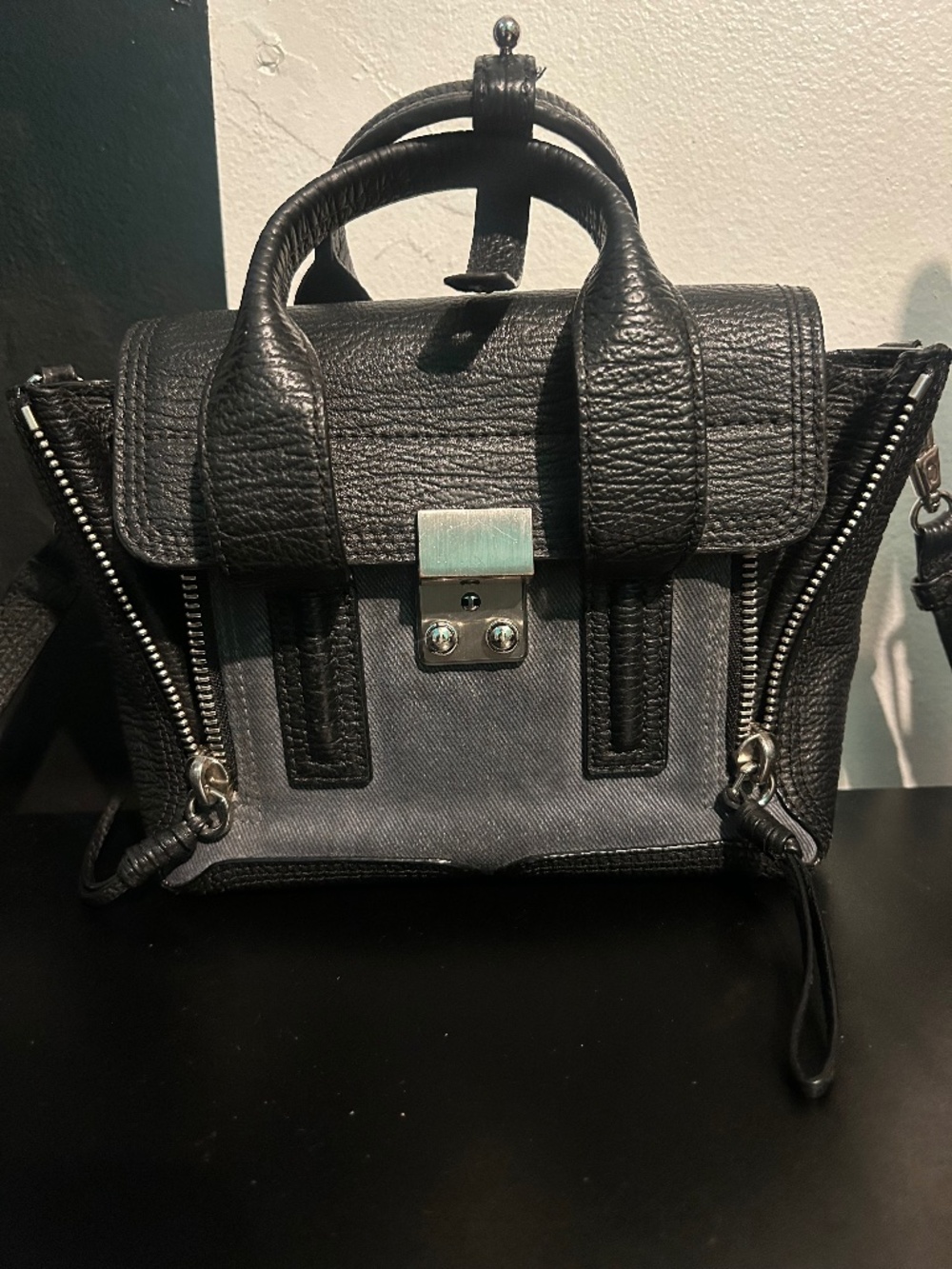 PHILLIP LIM Textured Calfskin Denim Mini Pashli Satchel Black